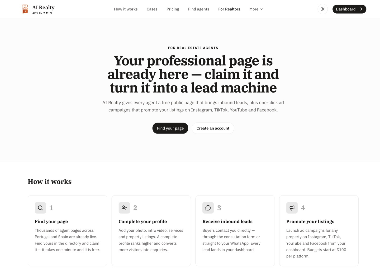 AI Realty page for real estate professionals
